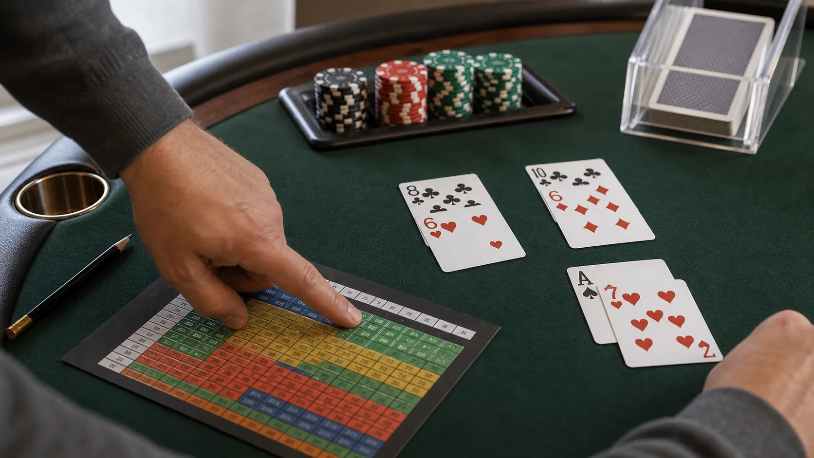Cartas de blackjack e referência de estratégia básica para decisões de jogo